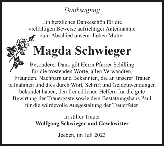 Traueranzeige von Magda Schwieger von Volksstimme Altmark West