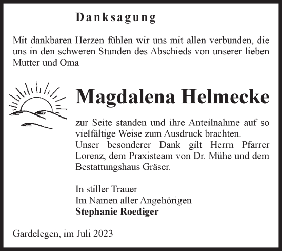 Traueranzeige von Magdalena Helmecke von Volksstimme Altmark West