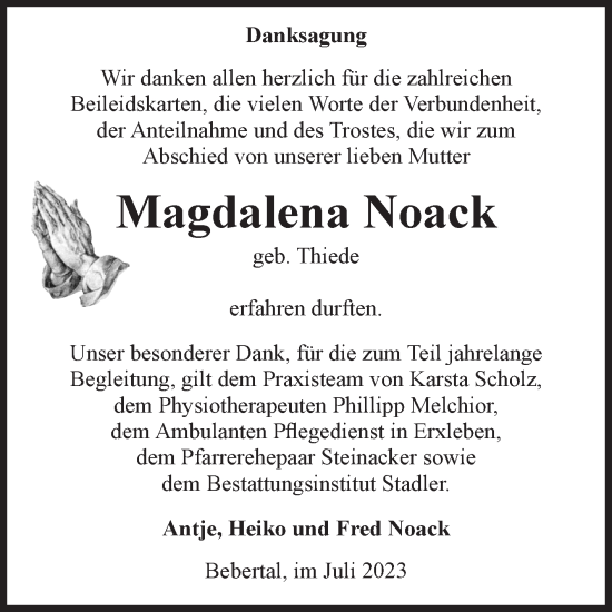 Traueranzeige von Magdalena Noack von Volksstimme Haldensleben/Wolmirstedt