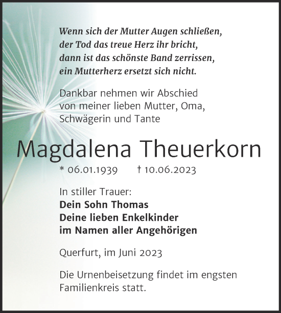 Traueranzeige von Magdalena Theuerkorn von Trauerkombi Merseburg