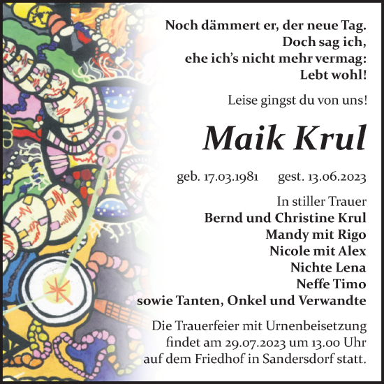 Traueranzeige von Maik Krul von Trauerkombi Bitterfeld
