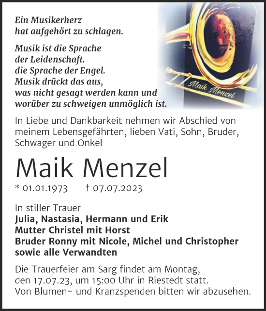 Traueranzeige von Maik Menzel von Trauerkombi Sangerhausen