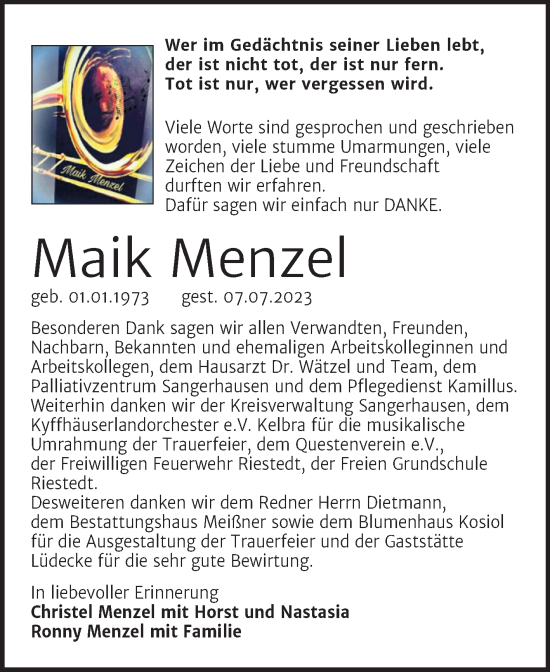 Traueranzeige von Maik Menzel von Trauerkombi Sangerhausen