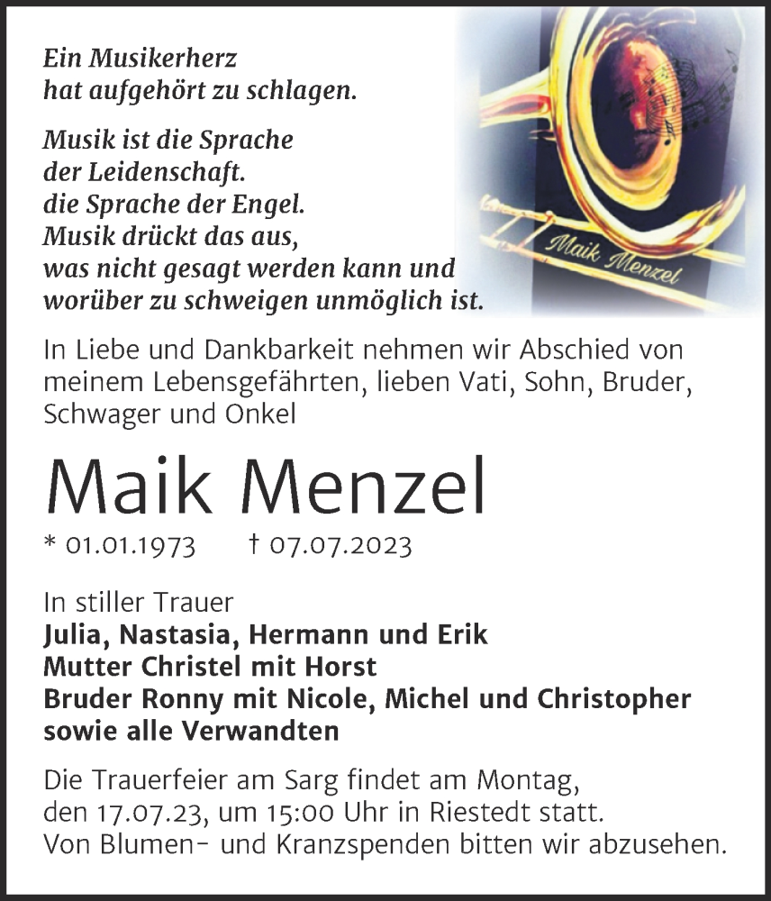  Traueranzeige für Maik Menzel vom 12.07.2023 aus Trauerkombi Sangerhausen