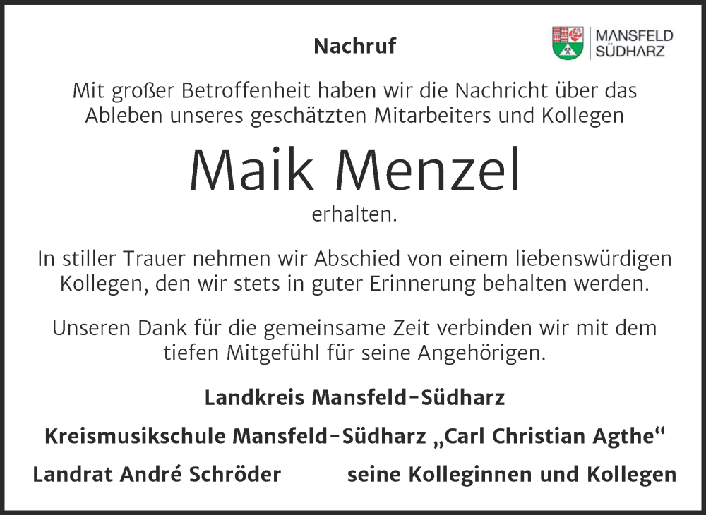  Traueranzeige für Maik Menzel vom 15.07.2023 aus Mitteldeutsche Zeitung Mansfelder Land