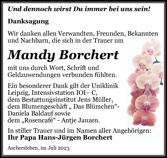 Traueranzeige von Mandy Borchert von Trauerkombi Aschersleben