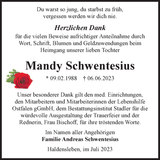 Traueranzeige von Mandy Schwentesius von Volksstimme Haldensleben/Wolmirstedt