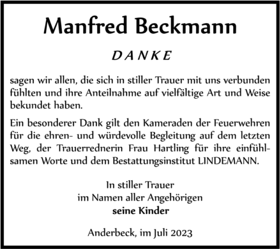 Traueranzeige von Manfred Beckmann von Volksstimme Halberstadt