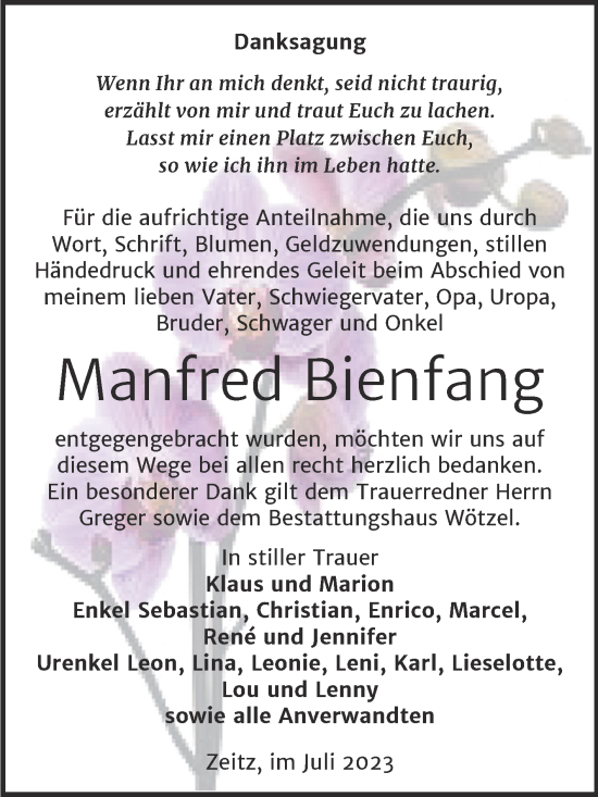 Traueranzeige von Manfred Bienfang von Trauerkombi Zeitz