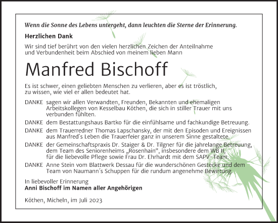 Traueranzeige von Manfred Bischoff von Trauerkombi Köthen