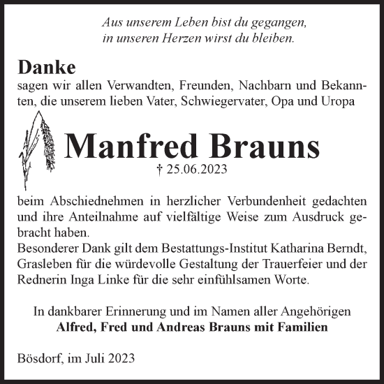 Traueranzeige von Manfred Brauns von Volksstimme Haldensleben/Wolmirstedt
