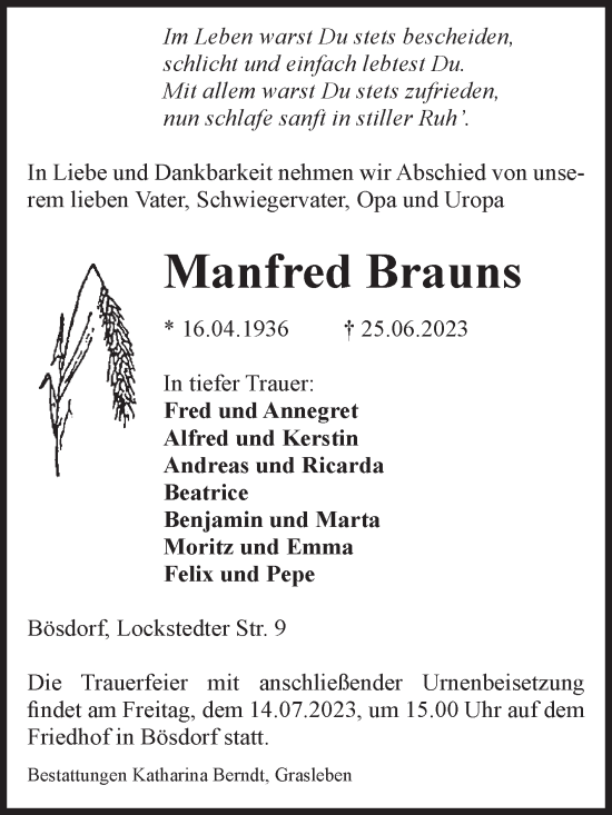 Traueranzeige von Manfred Brauns von Volksstimme Haldensleben/Wolmirstedt