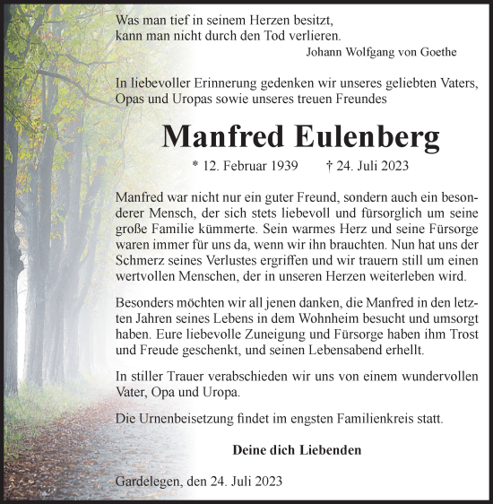 Traueranzeige von Manfred Eulenberg von Volksstimme Altmark West
