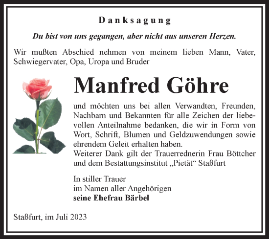 Traueranzeige von Manfred Göhre von Volksstimme Staßfurt