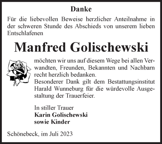 Traueranzeige von Manfred Golischewski von Volksstimme Schönebeck