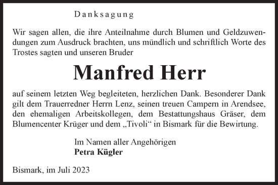 Traueranzeige von Manfred Herr von Volksstimme Altmark Ost