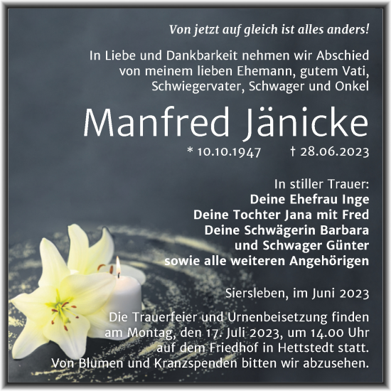 Traueranzeige von Manfred Jänicke von Trauerkombi Mansfelder Land