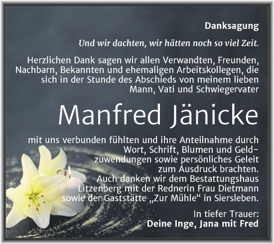 Traueranzeige von Manfred Jänicke von Trauerkombi Mansfelder Land