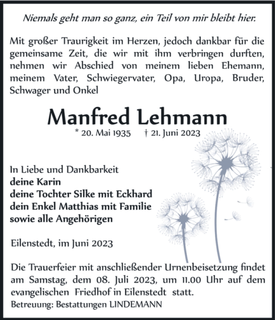 Traueranzeige von Manfred Lehmann von Volksstimme Halberstadt