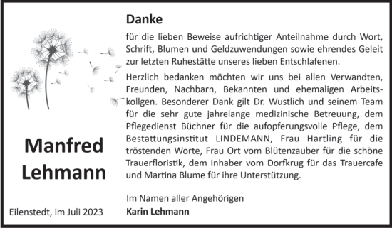 Traueranzeige von Manfred Lehmann von Volksstimme Halberstadt