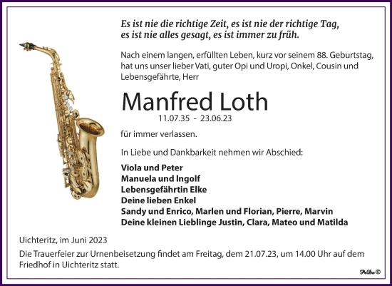 Traueranzeige von Manfred Loth von Trauerkombi Weißenfels