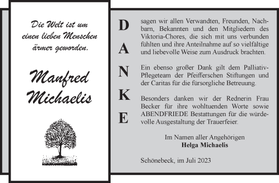 Traueranzeige von Manfred Michaelis von Volksstimme Schönebeck