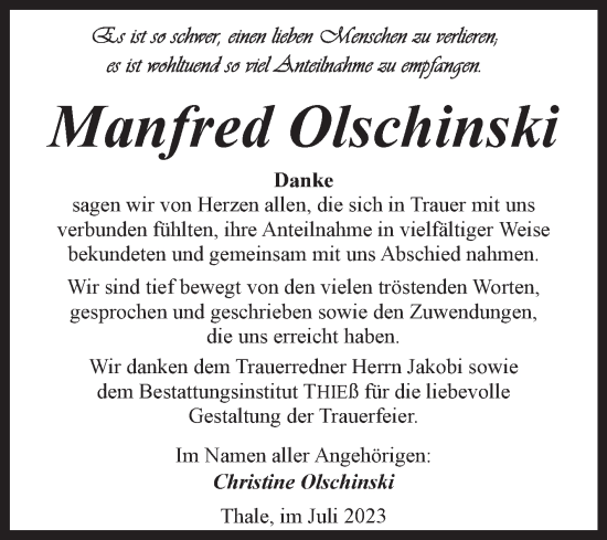 Traueranzeige von Manfred Olschinski von Trauerkombi Quedlinburg