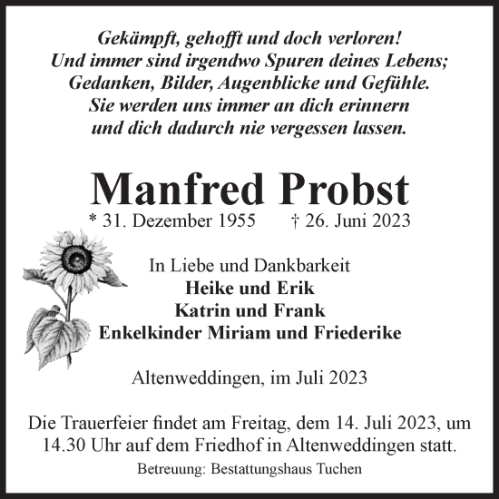 Traueranzeige von Manfred Probst von Volksstimme Oschersleben/Wanzleben