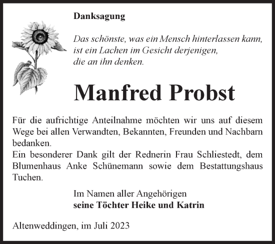 Traueranzeige von Manfred Probst von Volksstimme Oschersleben/Wanzleben