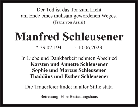 Traueranzeigen von Manfred Schleusener www.abschiednehmen.de