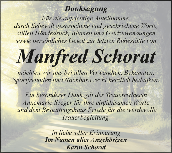 Traueranzeige von Manfred Schorat von Trauerkombi Dessau
