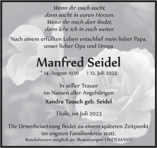 Traueranzeige von Manfred Seidel von Trauerkombi Quedlinburg