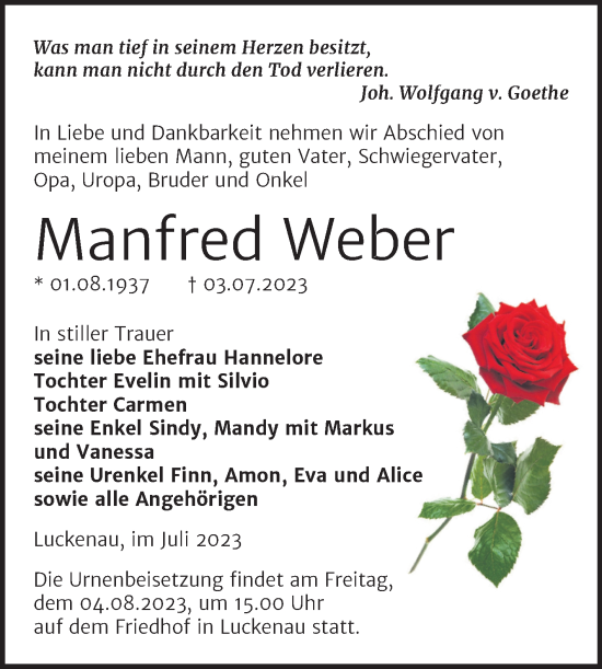 Traueranzeige von Manfred Weber von Trauerkombi Zeitz
