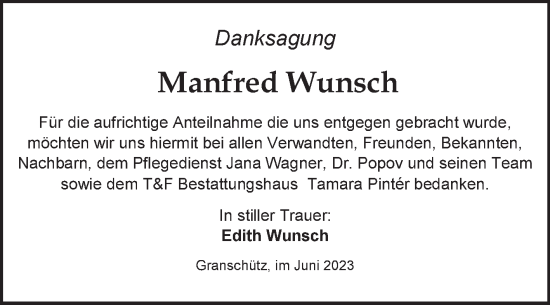 Traueranzeige von Manfred Wunsch von Trauerkombi Weißenfels