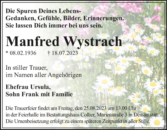 Traueranzeige von Manfred Wystrach von Trauerkombi Dessau