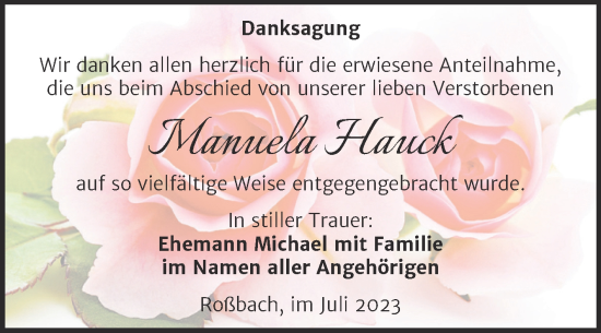 Traueranzeige von Manuela Hauck von Trauerkombi Merseburg