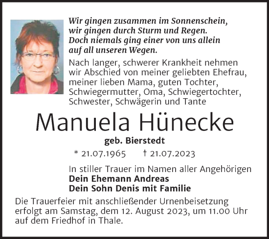 Traueranzeige von Manuela Hünecke von Trauerkombi Quedlinburg