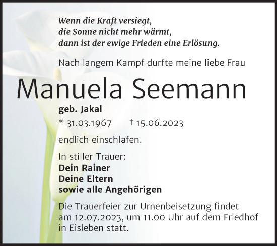 Traueranzeige von Manuela Seemann von Trauerkombi Mansfelder Land