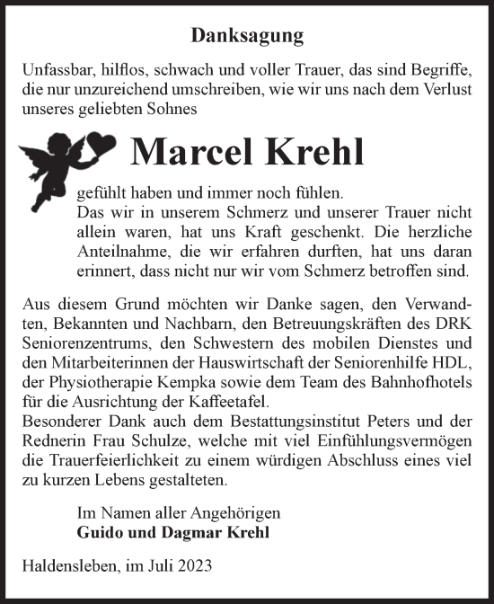 Traueranzeige von Marcel Krehl von Volksstimme Haldensleben/Wolmirstedt