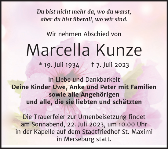 Traueranzeige von Marcella Kunze von Trauerkombi Merseburg