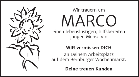 Traueranzeige von Marco  von Trauerkombi Bernburg