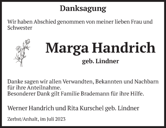 Traueranzeige von Marga Handrich von Volksstimme Zerbst