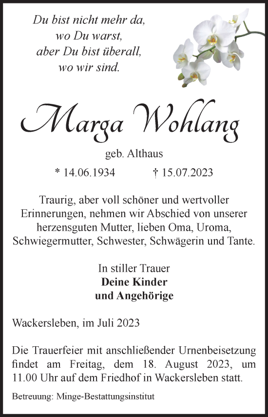 Traueranzeige von Marga Wohlang von Volksstimme Oschersleben/Wanzleben