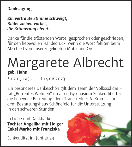 Traueranzeige von Margarete Albrecht von Mitteldeutsche Zeitung Merseburg/Querfurt