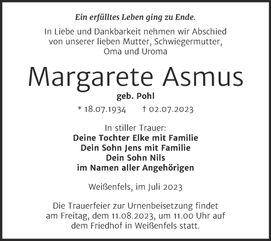 Traueranzeige von Margarete Asmus von Trauerkombi Weißenfels