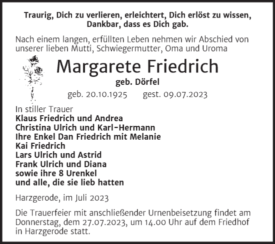 Traueranzeige von Margarete Friedrich von Super Sonntag Quedlingburg