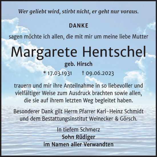 Traueranzeige von Margarete Hentschel von Trauerkombi Bernburg