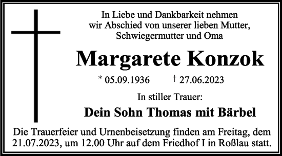 Traueranzeige von Margarete Konzok von Trauerkombi Dessau