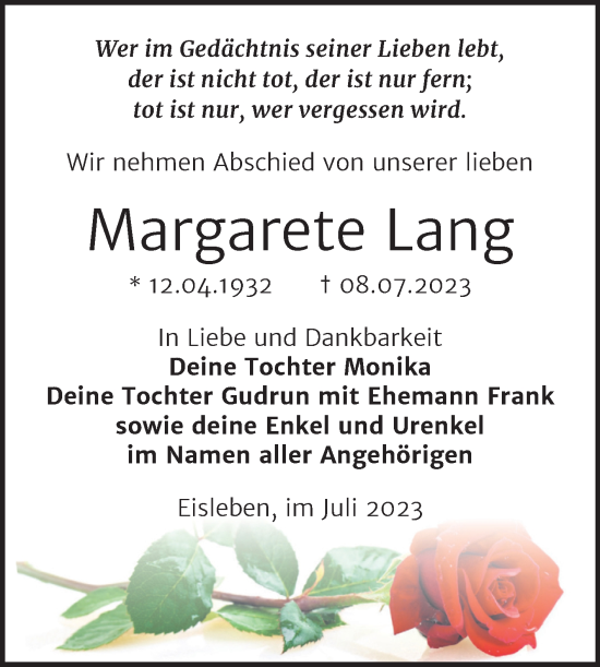 Traueranzeige von Margarete Lang von Mitteldeutsche Zeitung Mansfelder Land