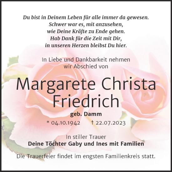 Traueranzeige von Margarete Christa Friedrich von Trauerkombi Dessau